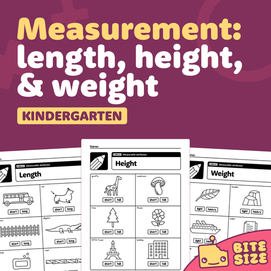 Kindergarten worksheets on length, height, and weight standards K.MD.A.1.