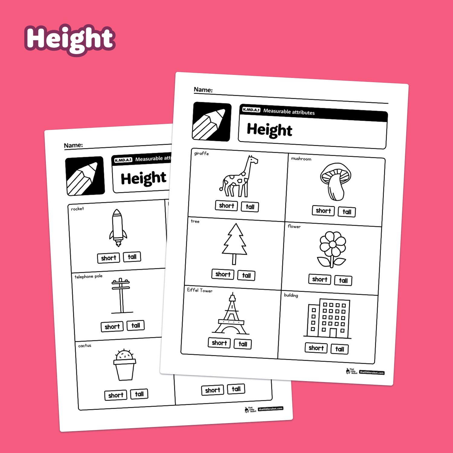 Worksheet with pictures to identify "short" or "tall.