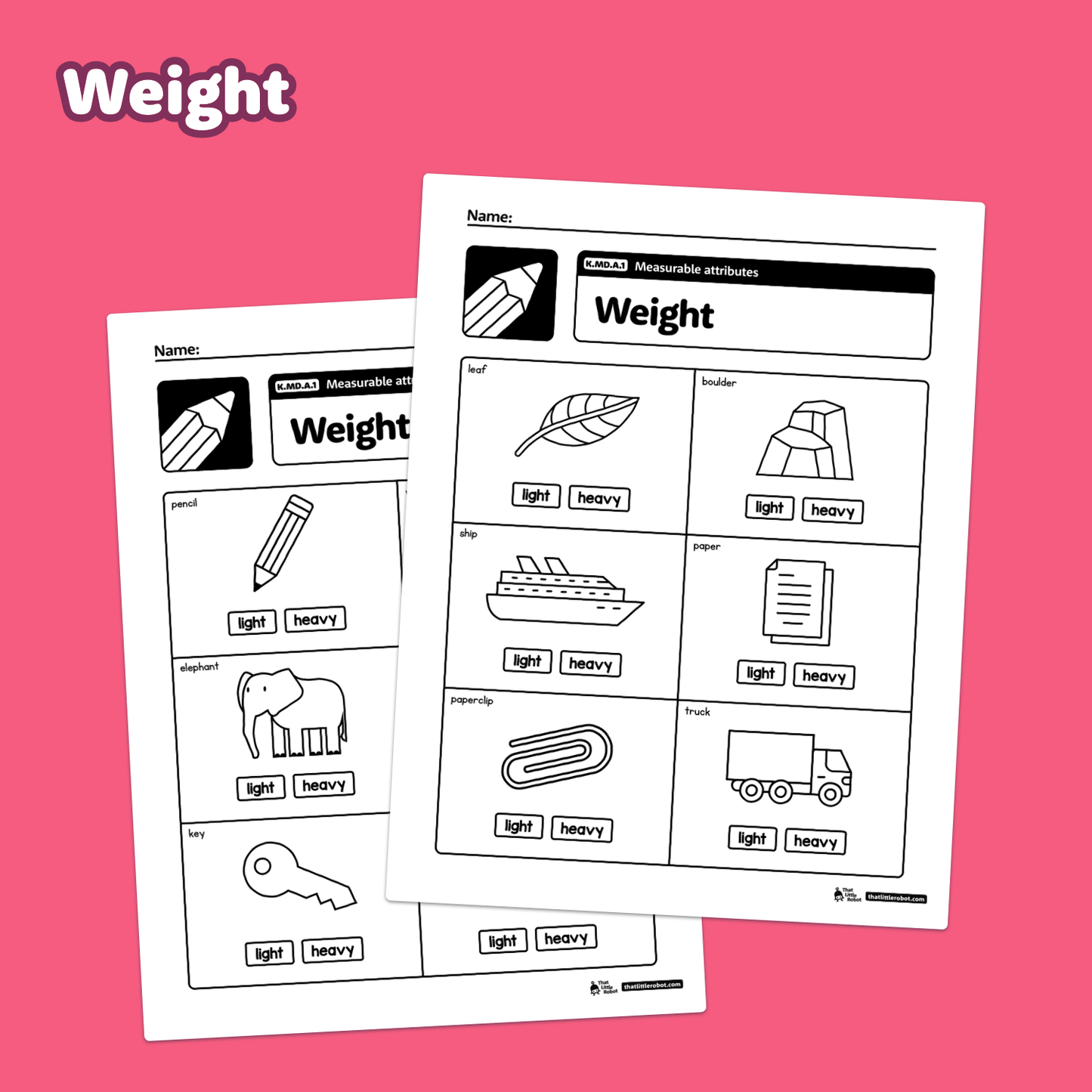 Worksheets on recognizing light and heavy objects for kids.