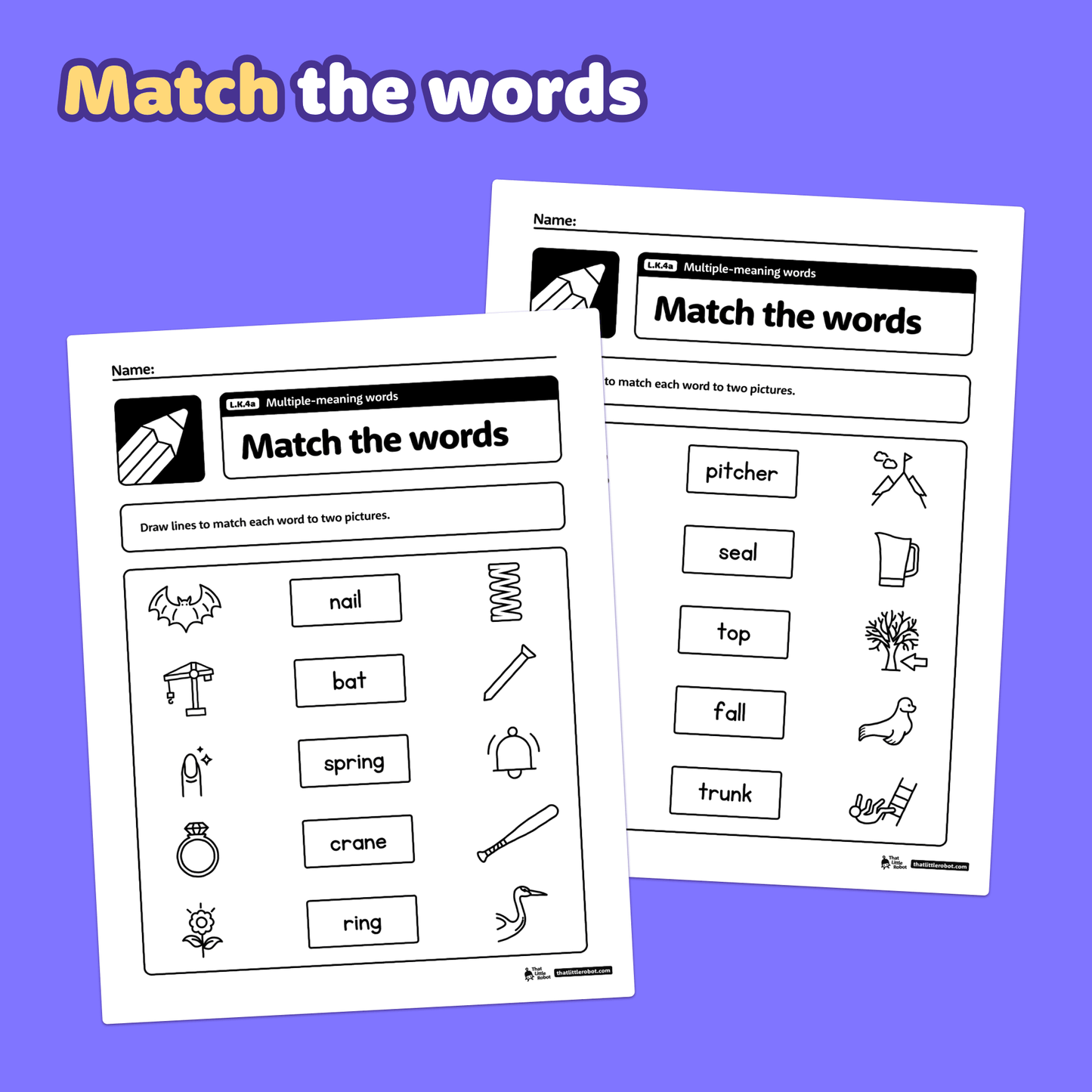 Two worksheets with pictures and text about multiple-meaning words.