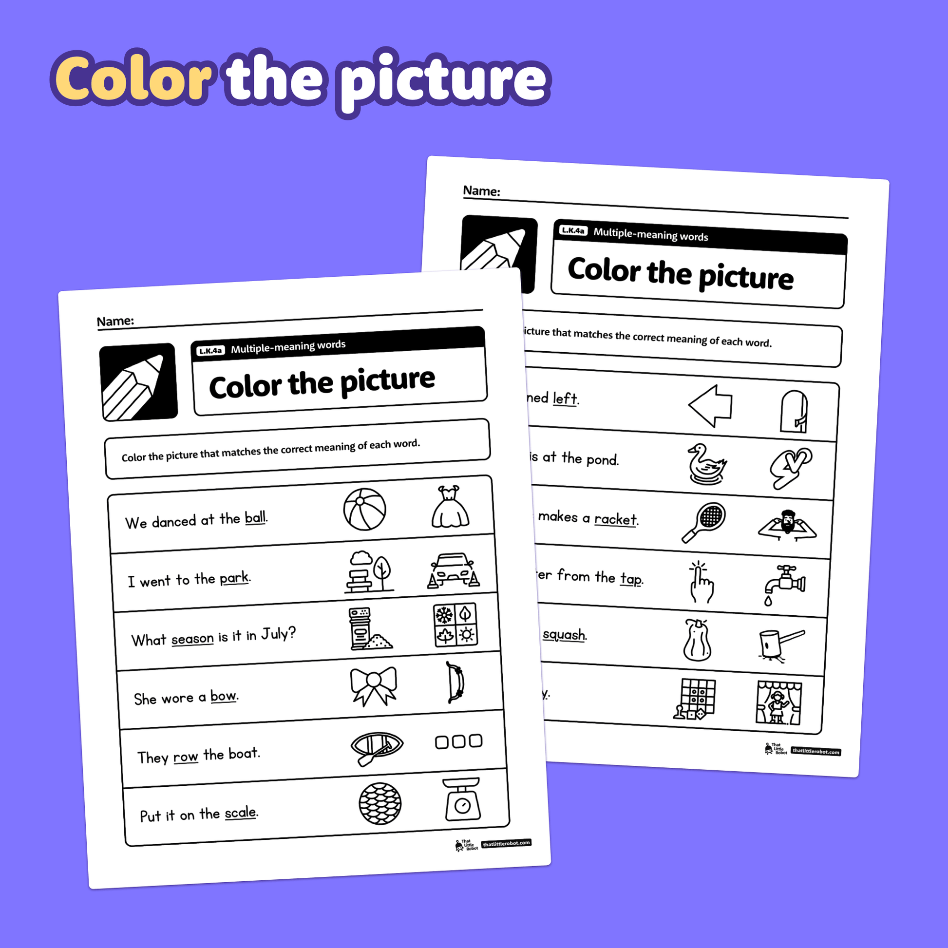 Two worksheets with color-the-picture activities on multiple-meaning words.