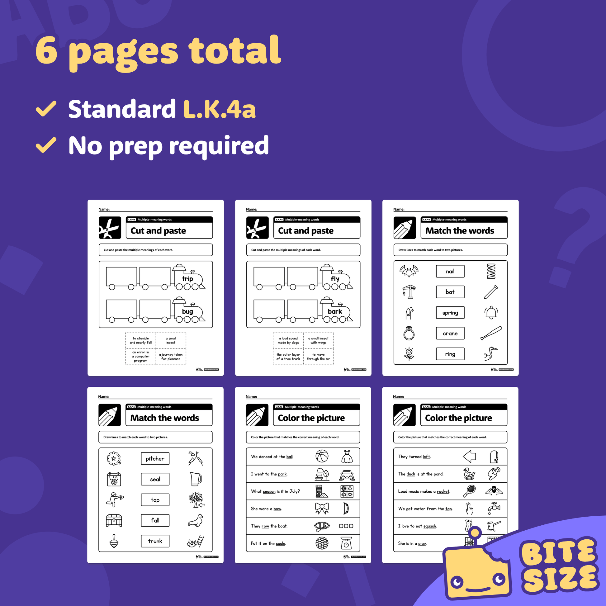 Preview of six kindergarten worksheets about multiple-meaning words.