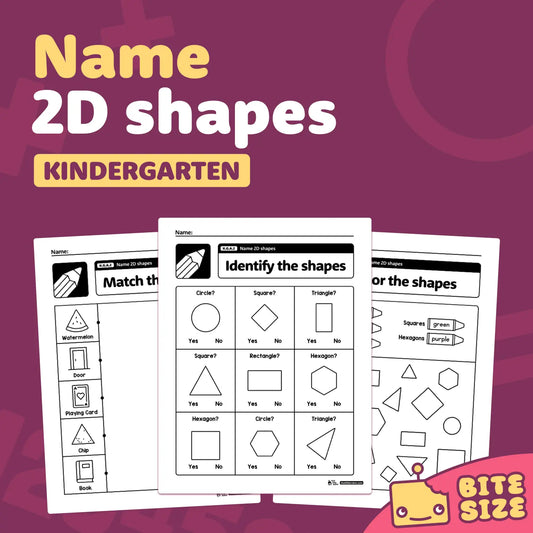 Kindergarten worksheets for matching and identifying 2D shapes.