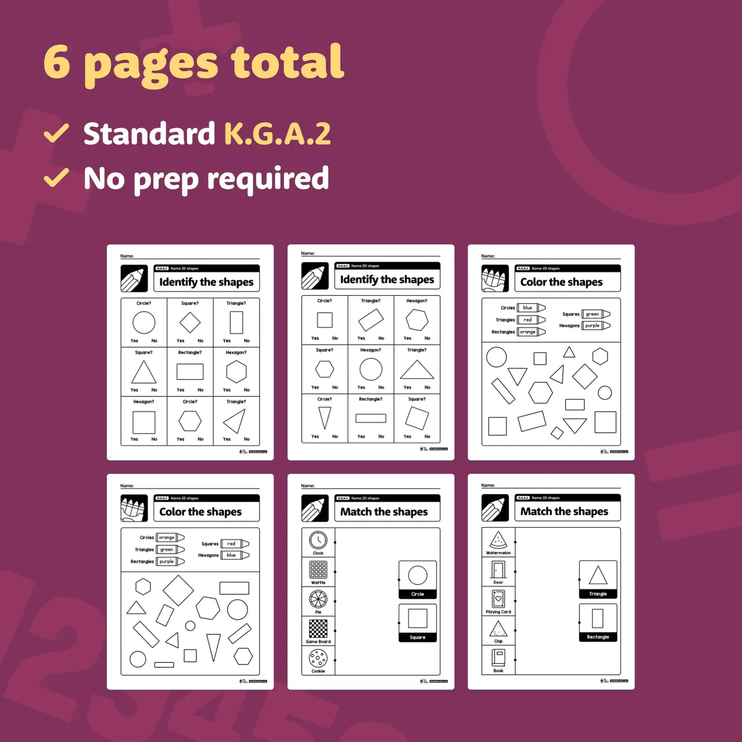 Six worksheets for identifying, coloring, and matching 2D shapes.