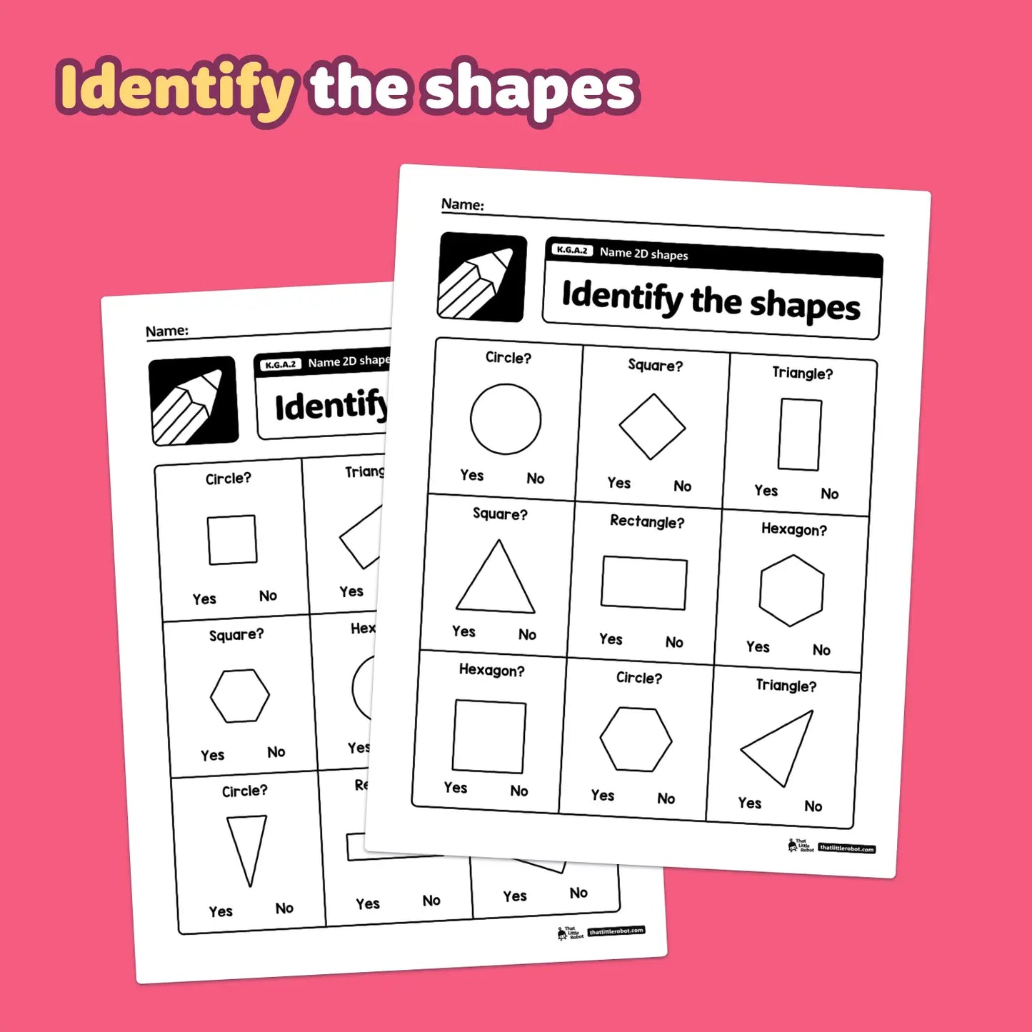 Two worksheets show various 2D shapes.