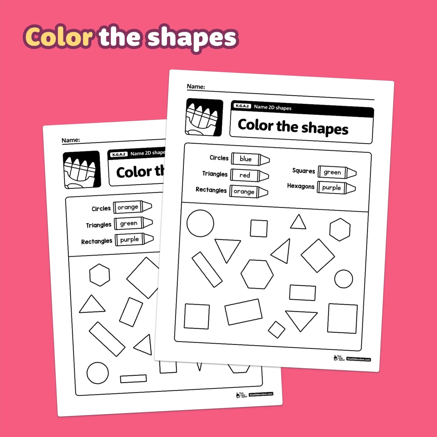 Worksheets with 2D shape coloring activities.