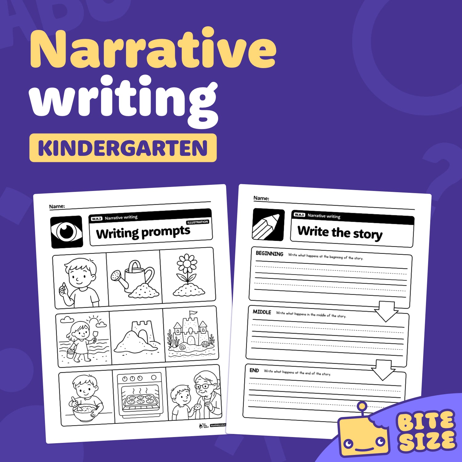 Text reads: Kindergarten Narrative Writing Prompts | W.K.3.