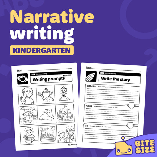 Text reads: Kindergarten Narrative Writing Prompts | W.K.3.