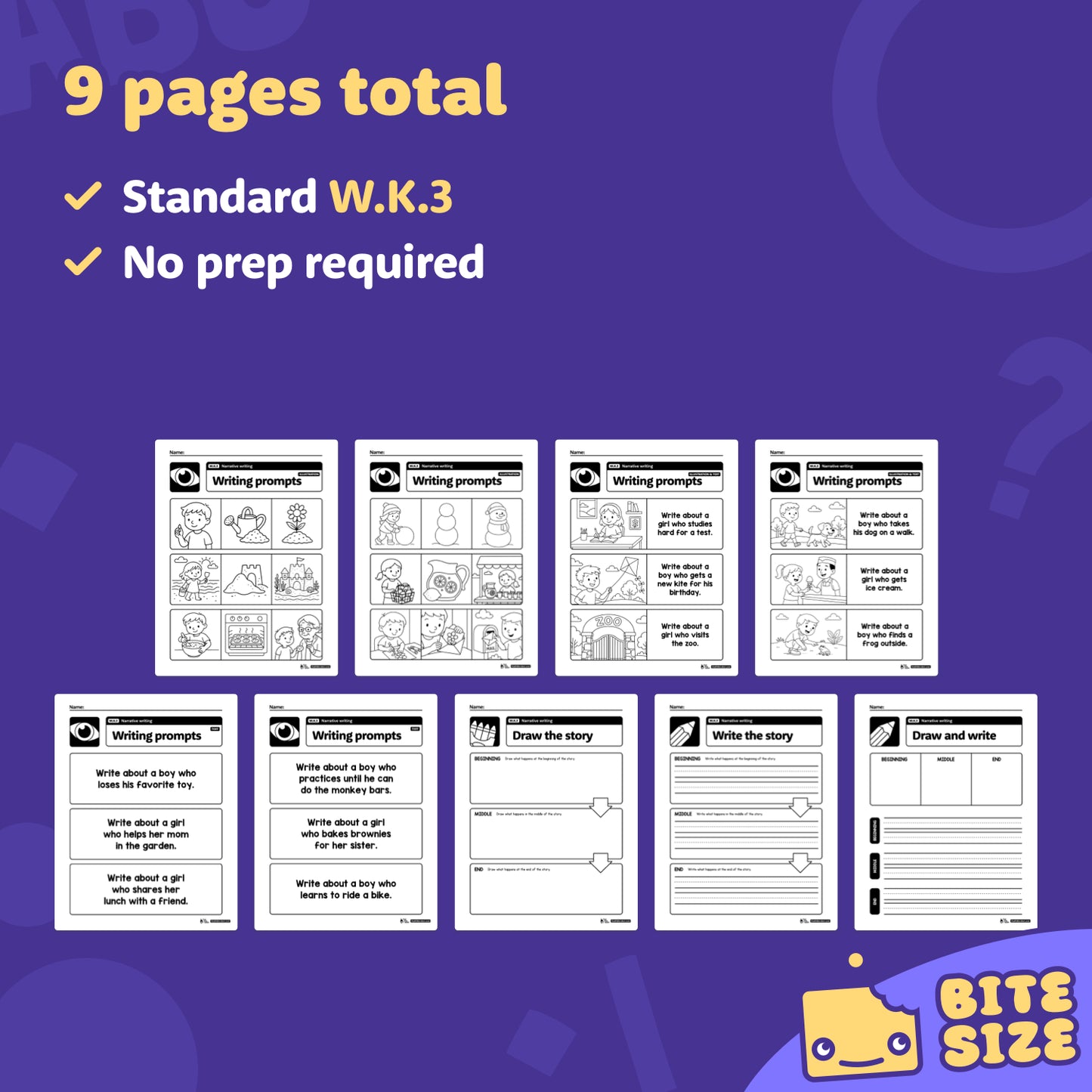 Nine narrative writing prompt worksheets shown for kindergarten level.