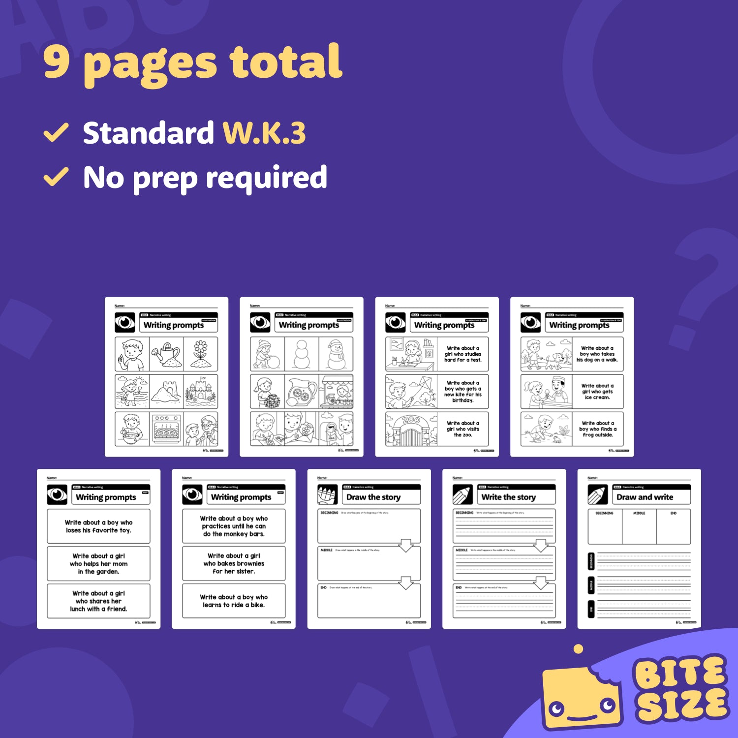 Nine narrative writing prompt worksheets shown for kindergarten level.