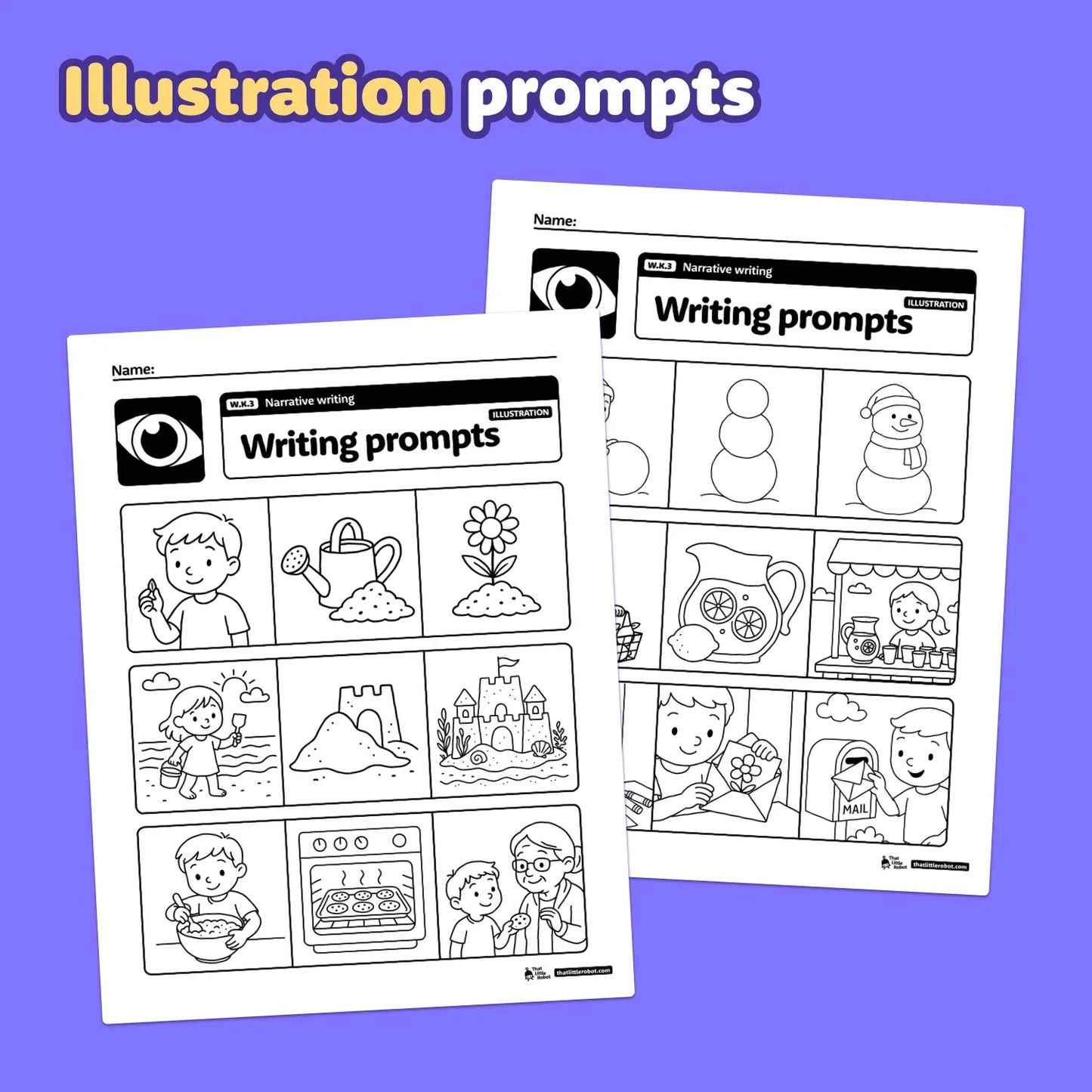 Pages of worksheet writing prompts with simple illustrations for kindergarten.