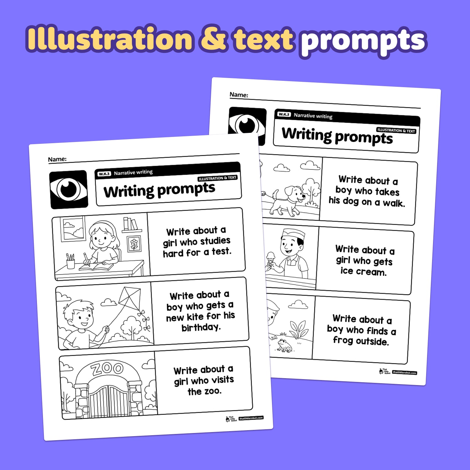Two worksheet pages with narrative writing prompts and simple illustrations.