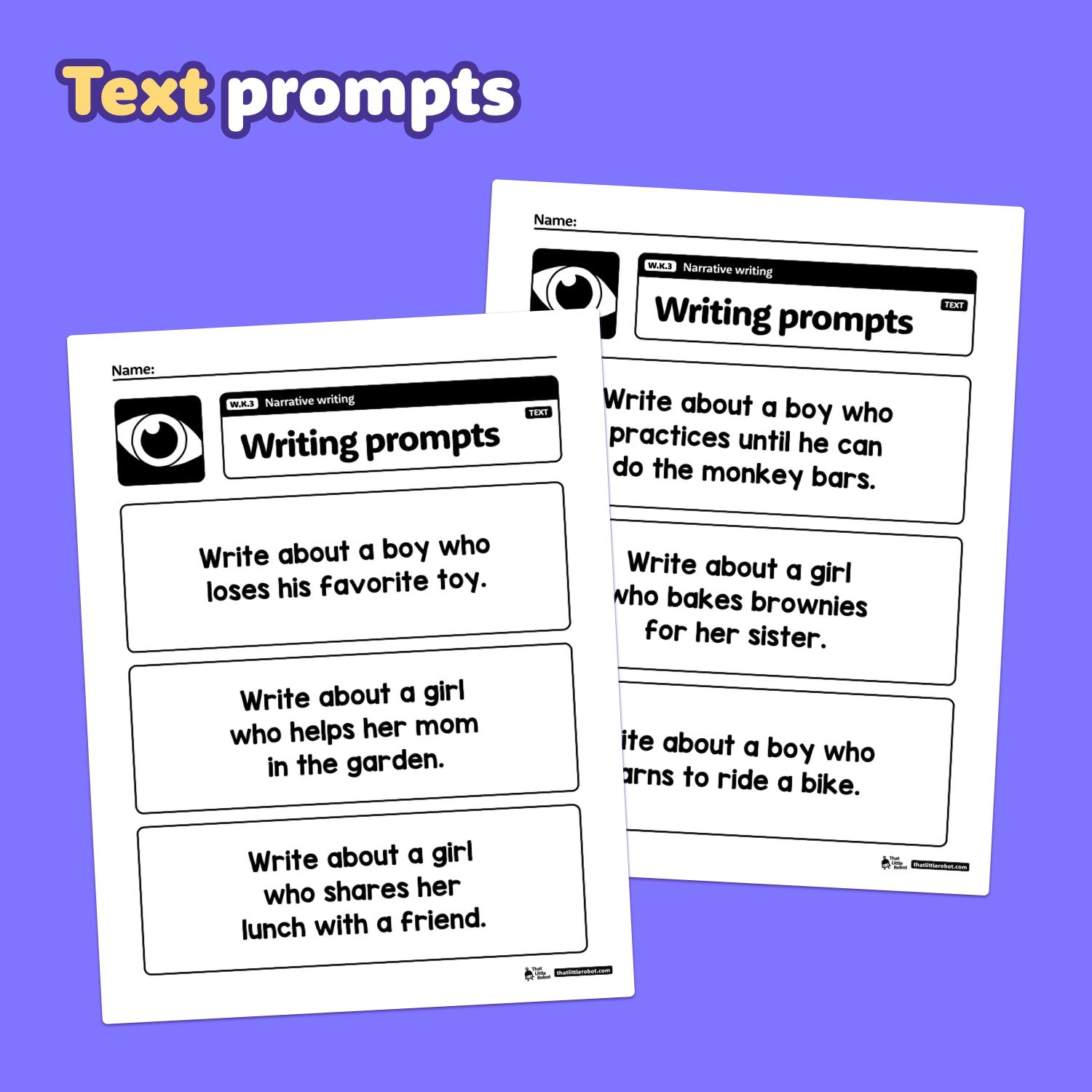 Text reads: Kindergarten Narrative Writing Prompts | W.K.3.