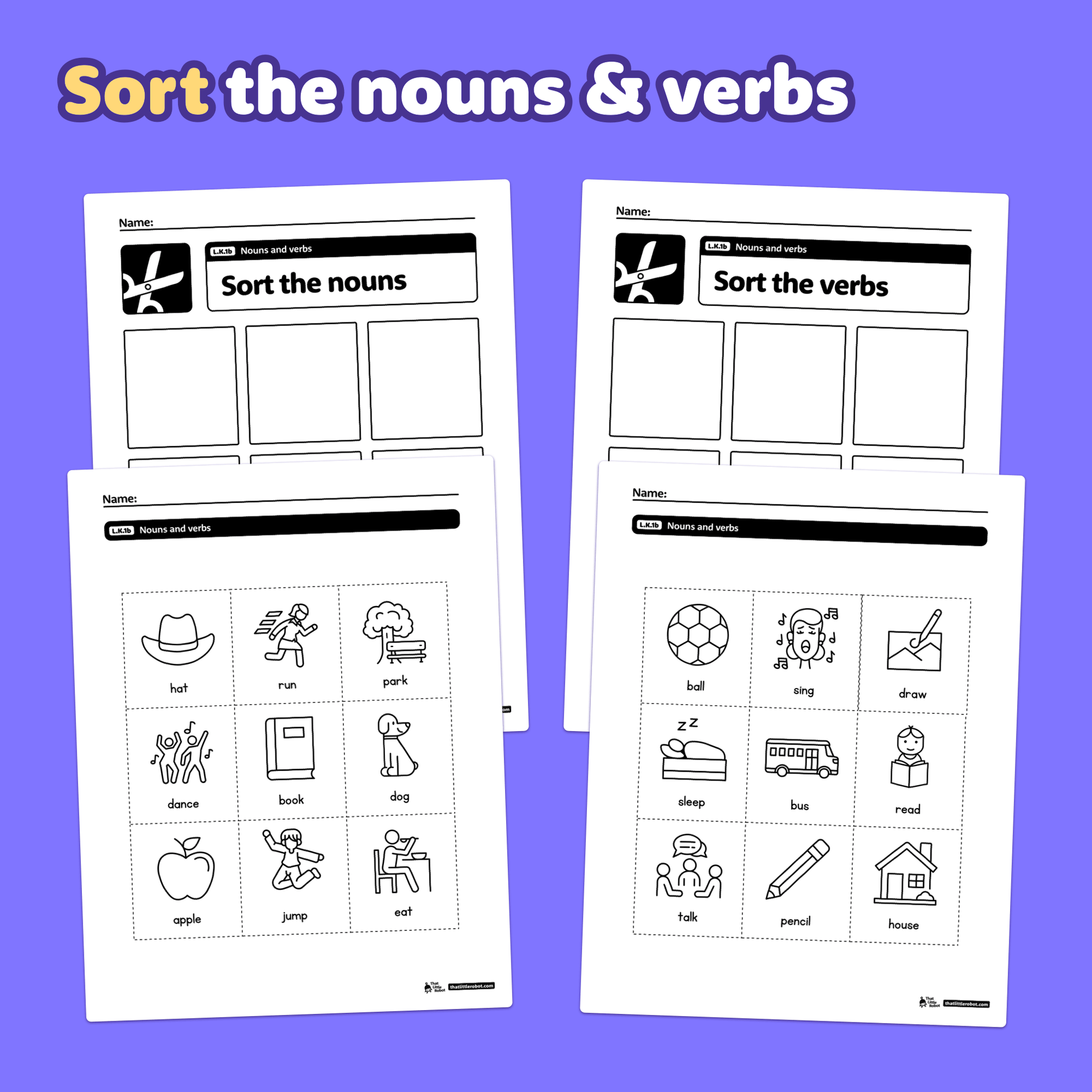 Printable PDF worksheets showing noun and verb activities for kindergarten.