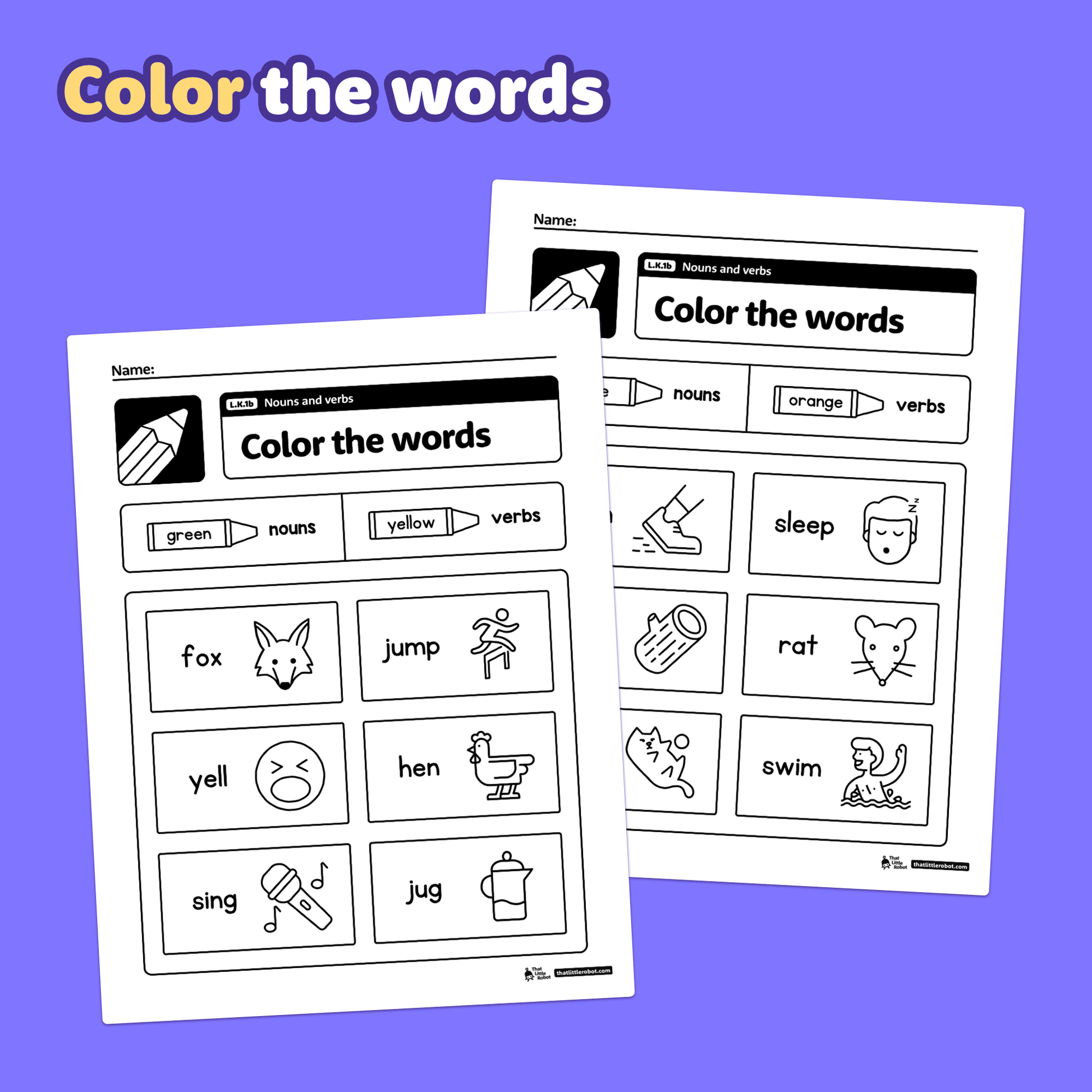 Two worksheets with animals and actions to color and label as nouns or verbs.