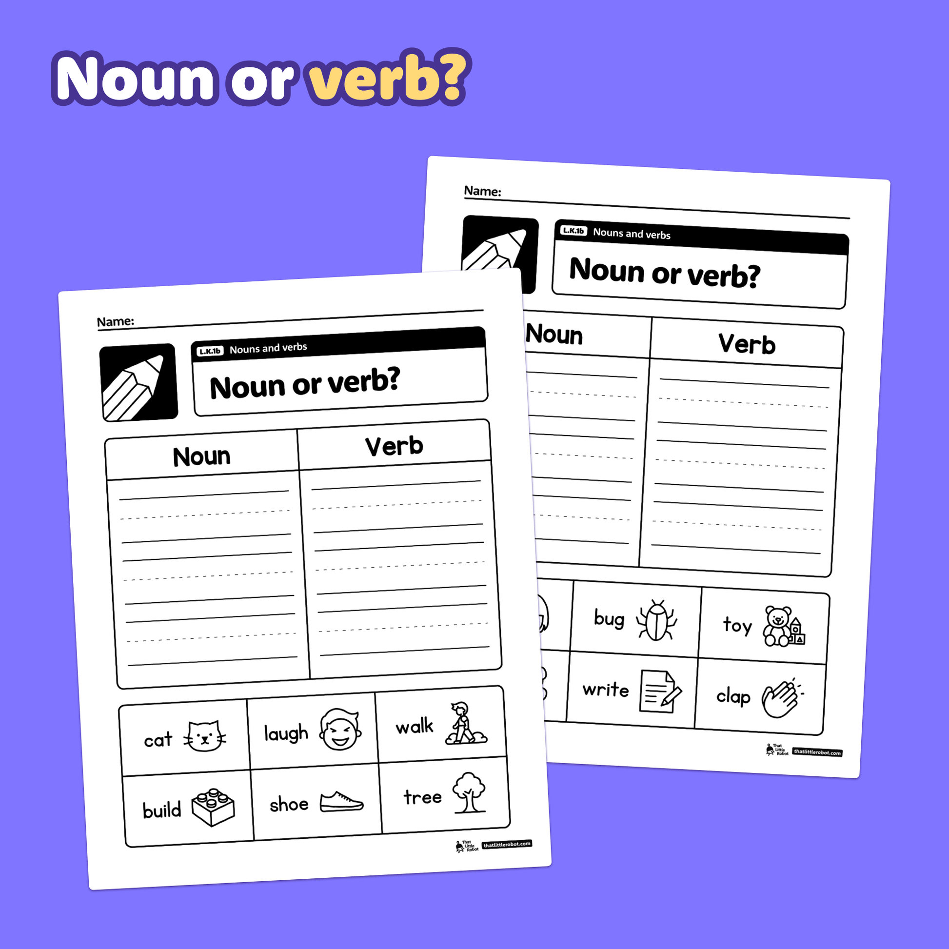 Kindergarten worksheets show nouns and verbs with word lists and images.