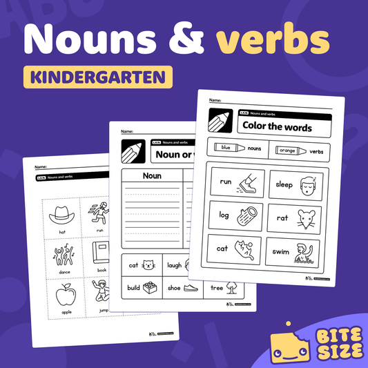 Printable PDF worksheets for identifying and sorting nouns and verbs.