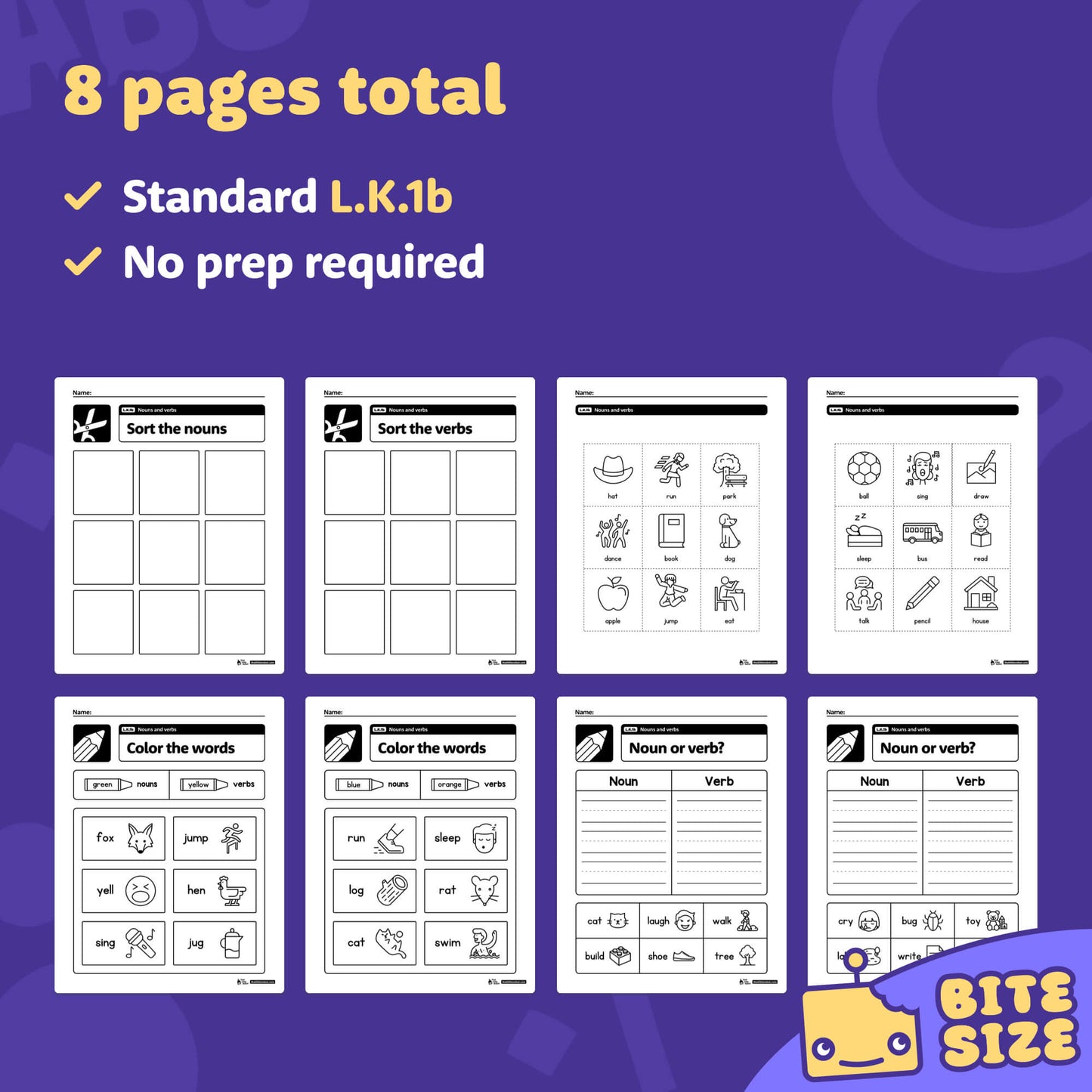A preview shows eight black and white worksheets for kindergarten nouns and verbs.