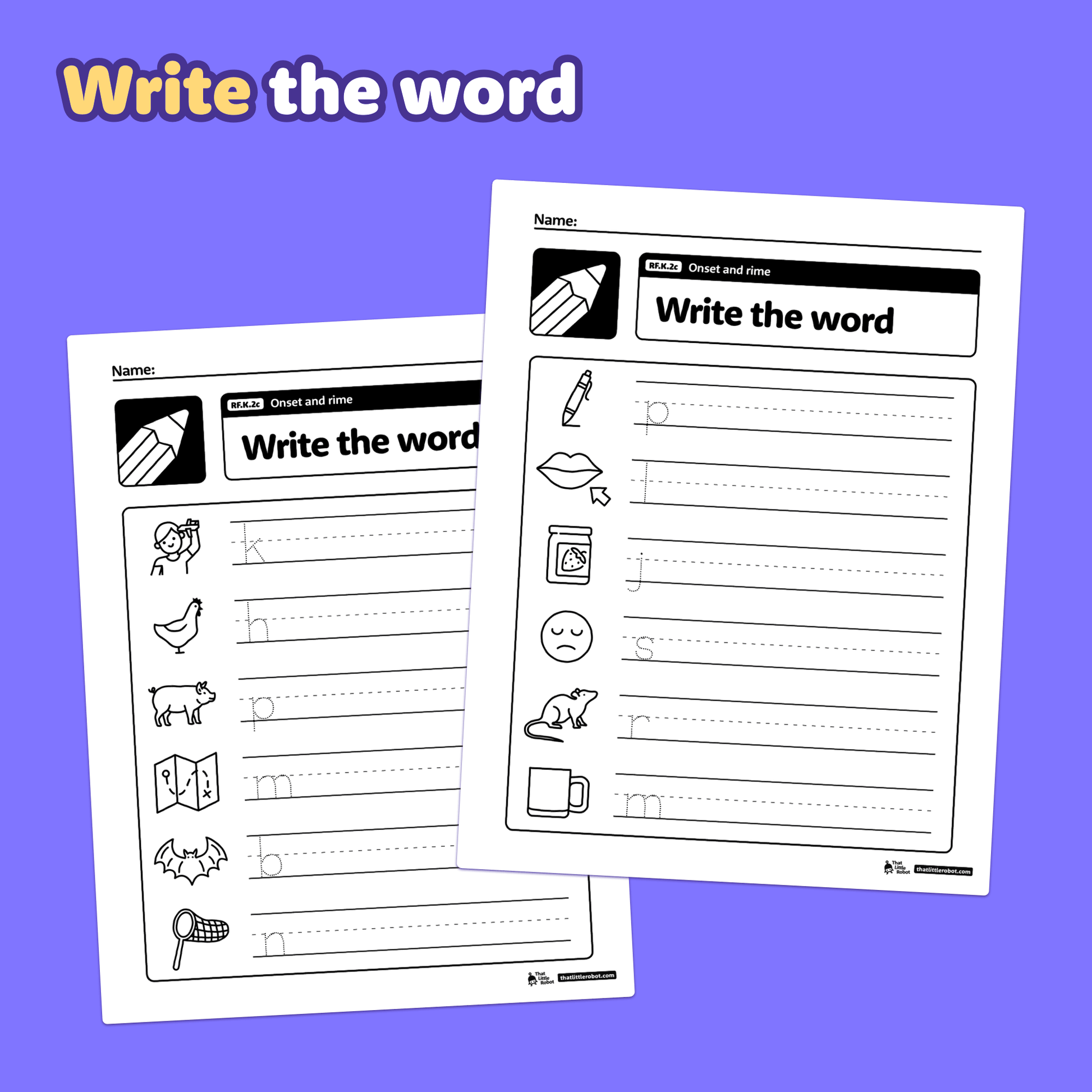 Kindergarten worksheets with onset and rime images and lines for writing.