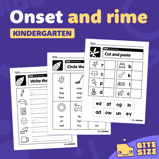 Three kindergarten worksheets focusing on onset and rime activities.