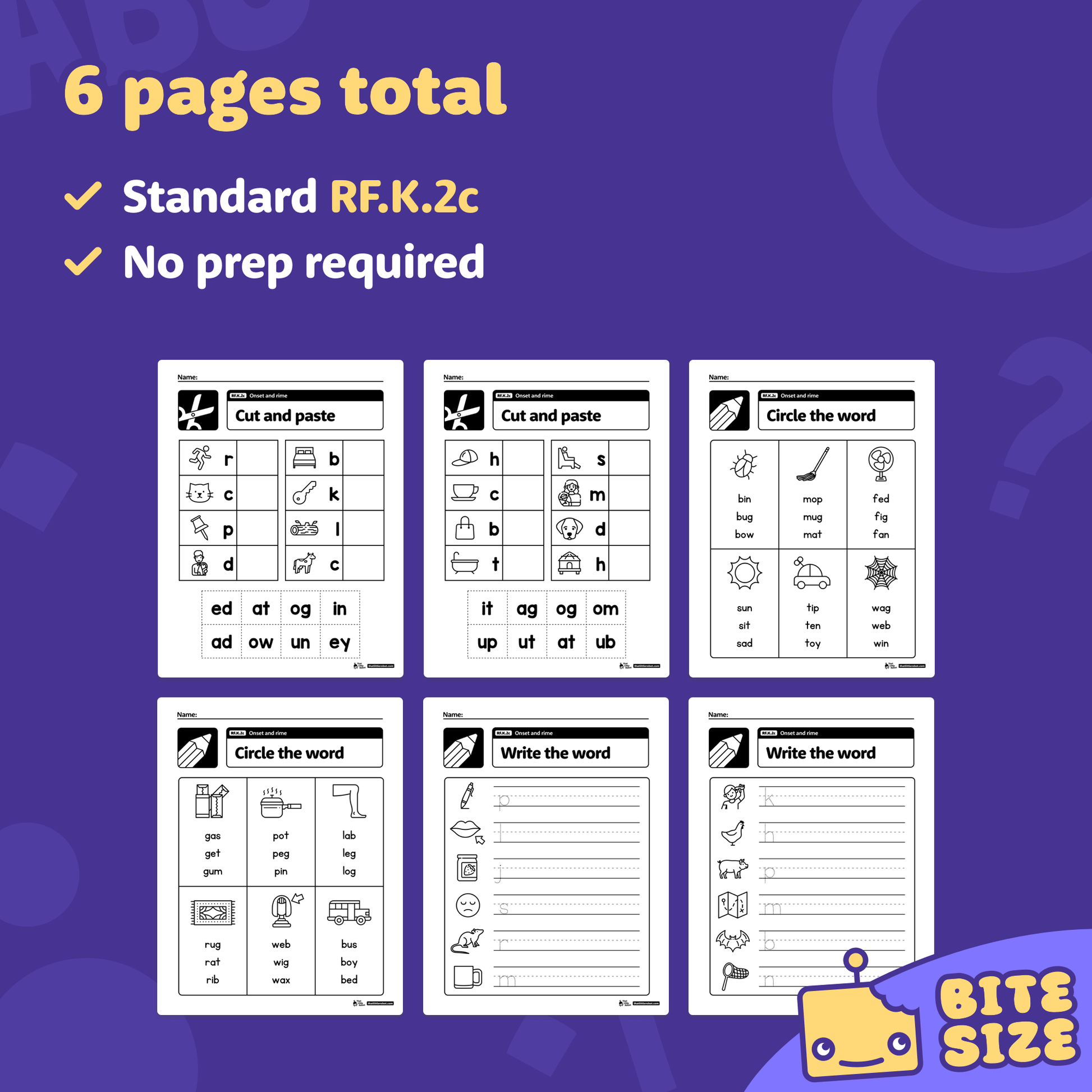 Preview of six onset and rime worksheets with various phonological tasks.
