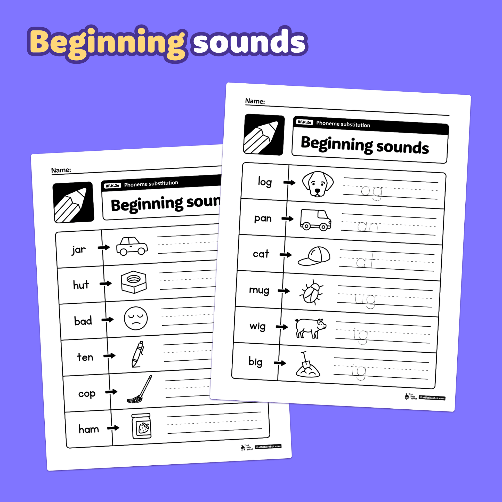 Two kindergarten phoneme substitution worksheets with letter and picture activities.