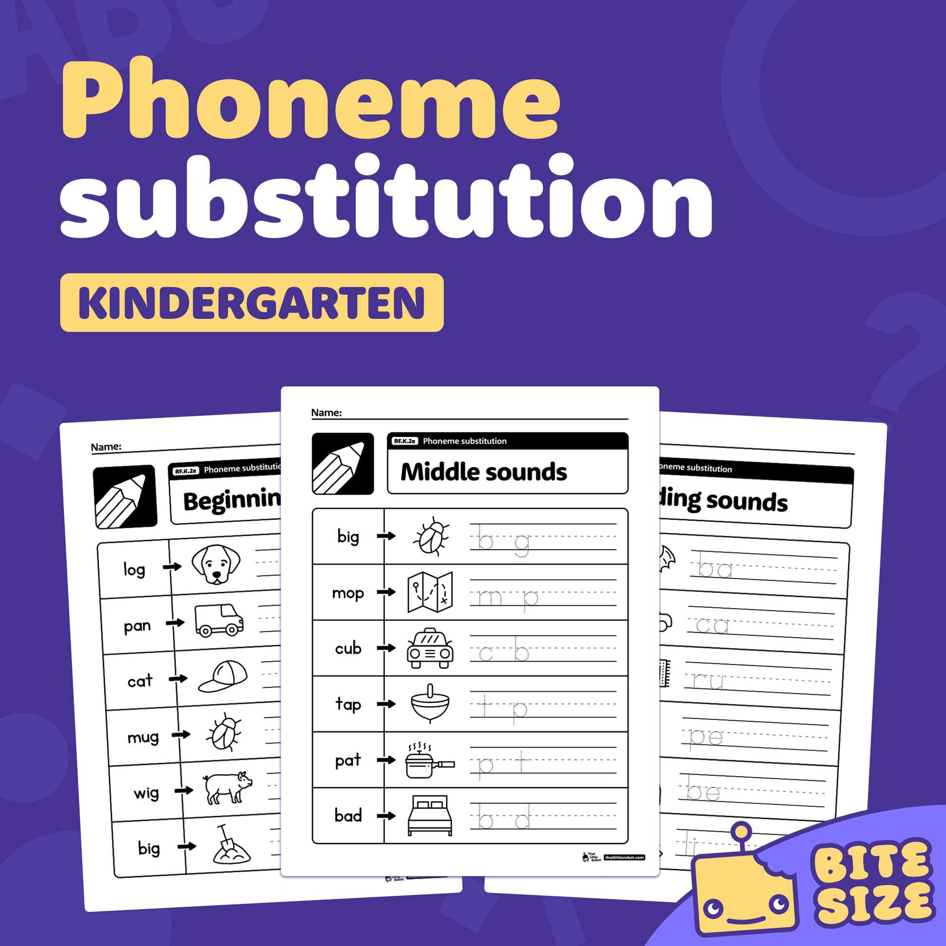 Printable PDF showing kindergarten phoneme substitution worksheets and RF.K.2e code.
