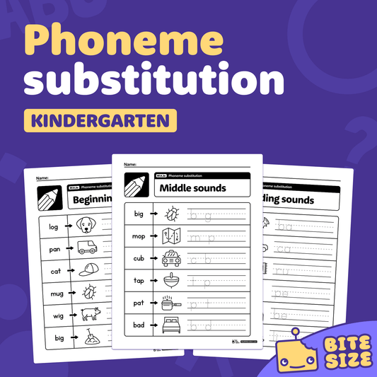 Printable PDF showing kindergarten phoneme substitution worksheets and RF.K.2e code.