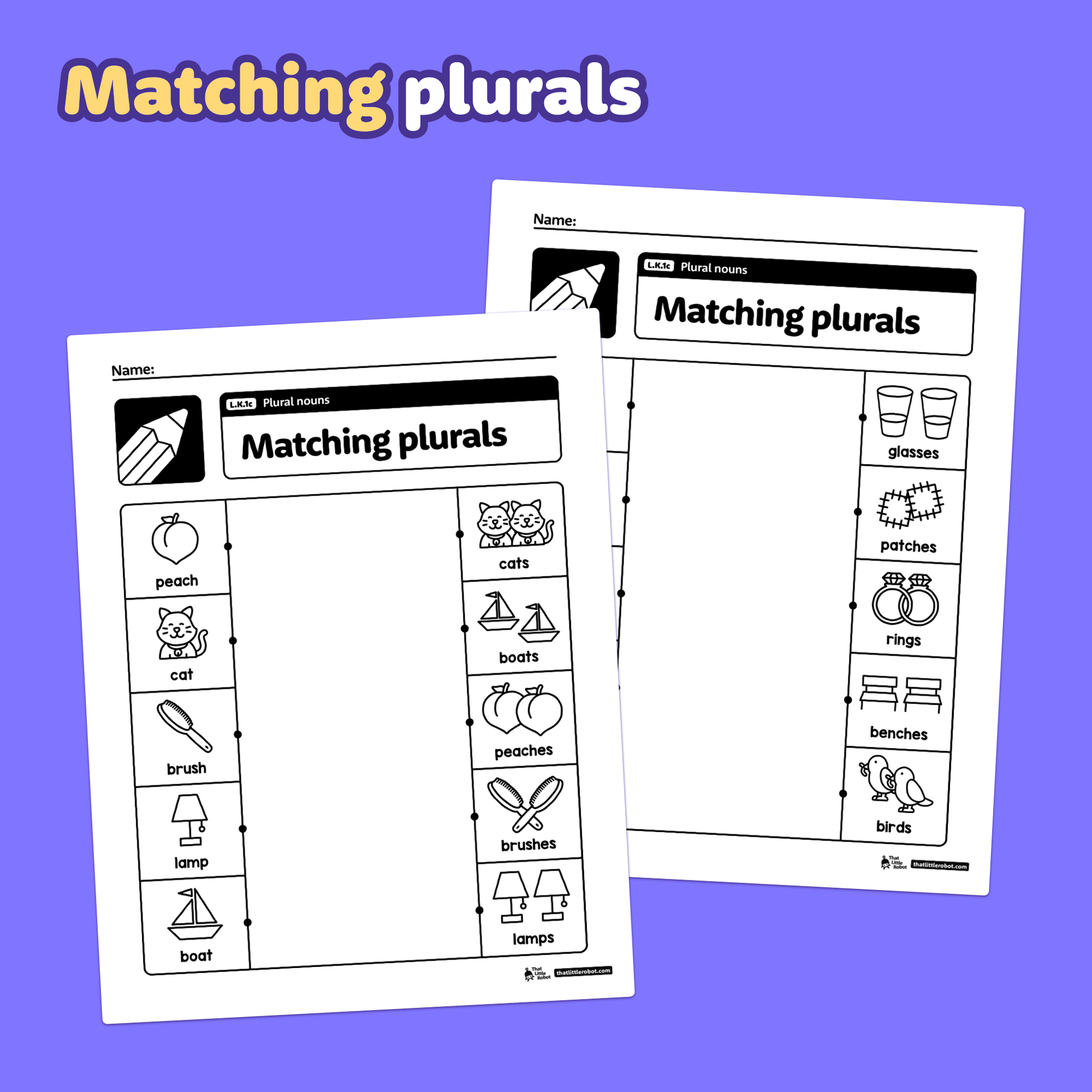 Two worksheet pages show images and words practicing kindergarten plural nouns.