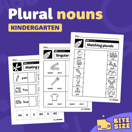 Printable worksheets with activities for practicing plural nouns in kindergarten.