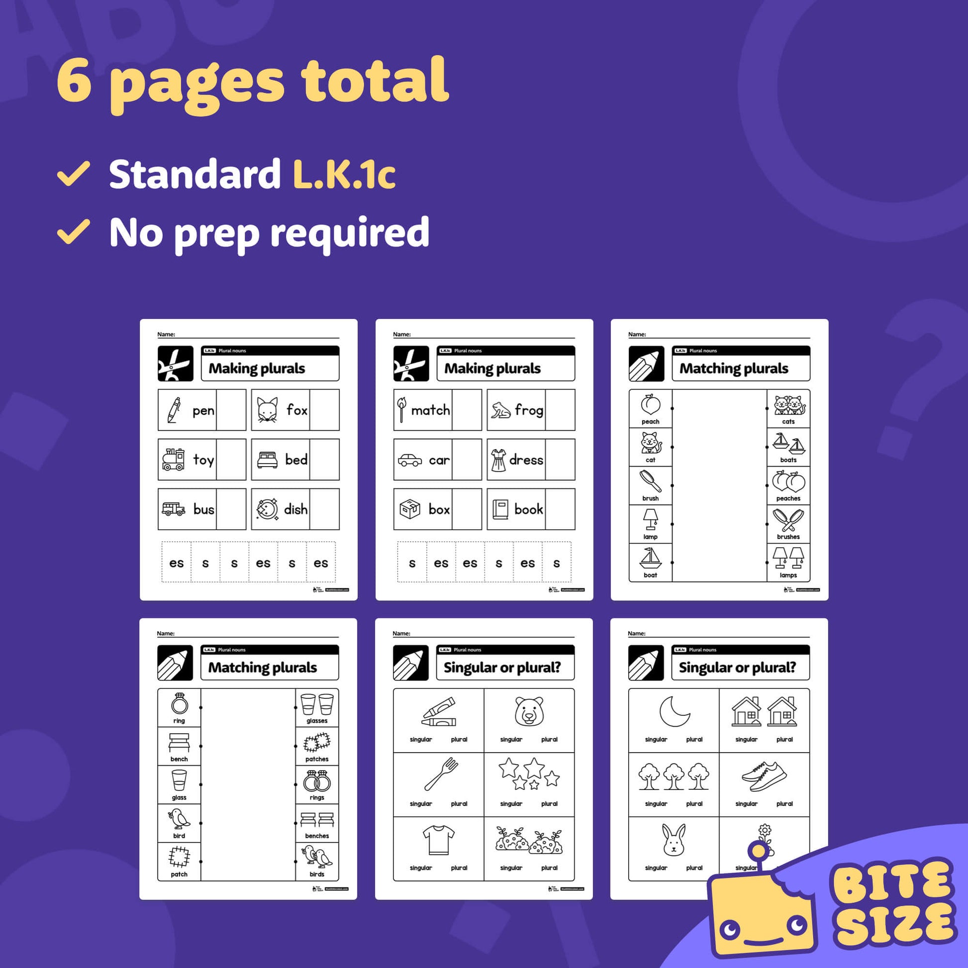 Preview shows six worksheet pages with activities on kindergarten plural nouns.