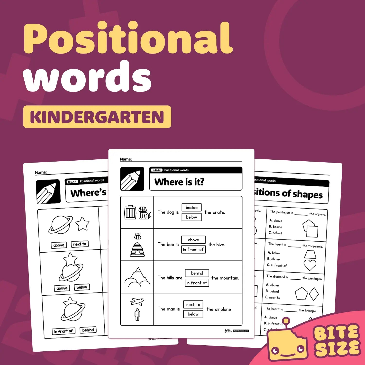 Worksheets for kindergarten on positional words with objects and shapes.