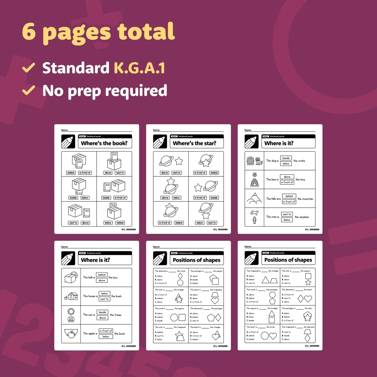 Worksheets titled "Where's" and "Positions of Shapes" with objects and shapes.