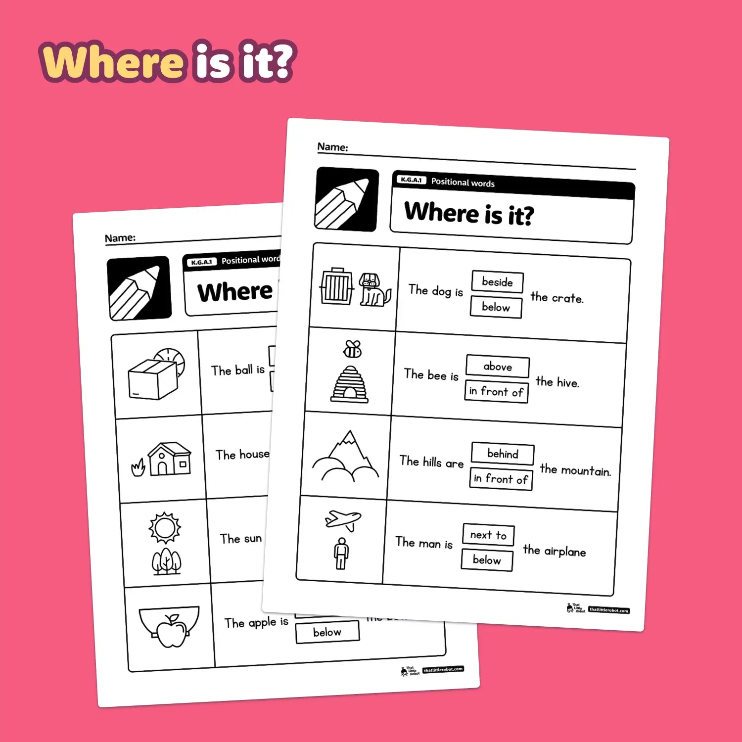 Two worksheets with illustrations and text on positional words.