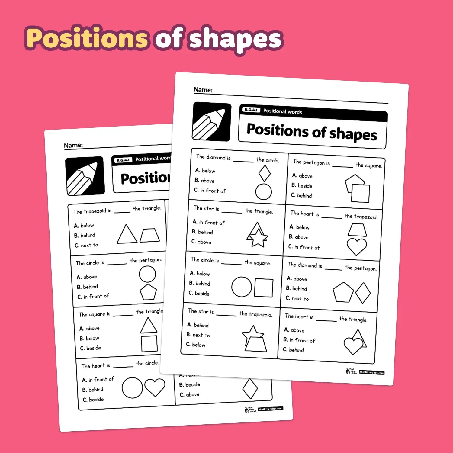 Two worksheets titled "Positions of shapes.