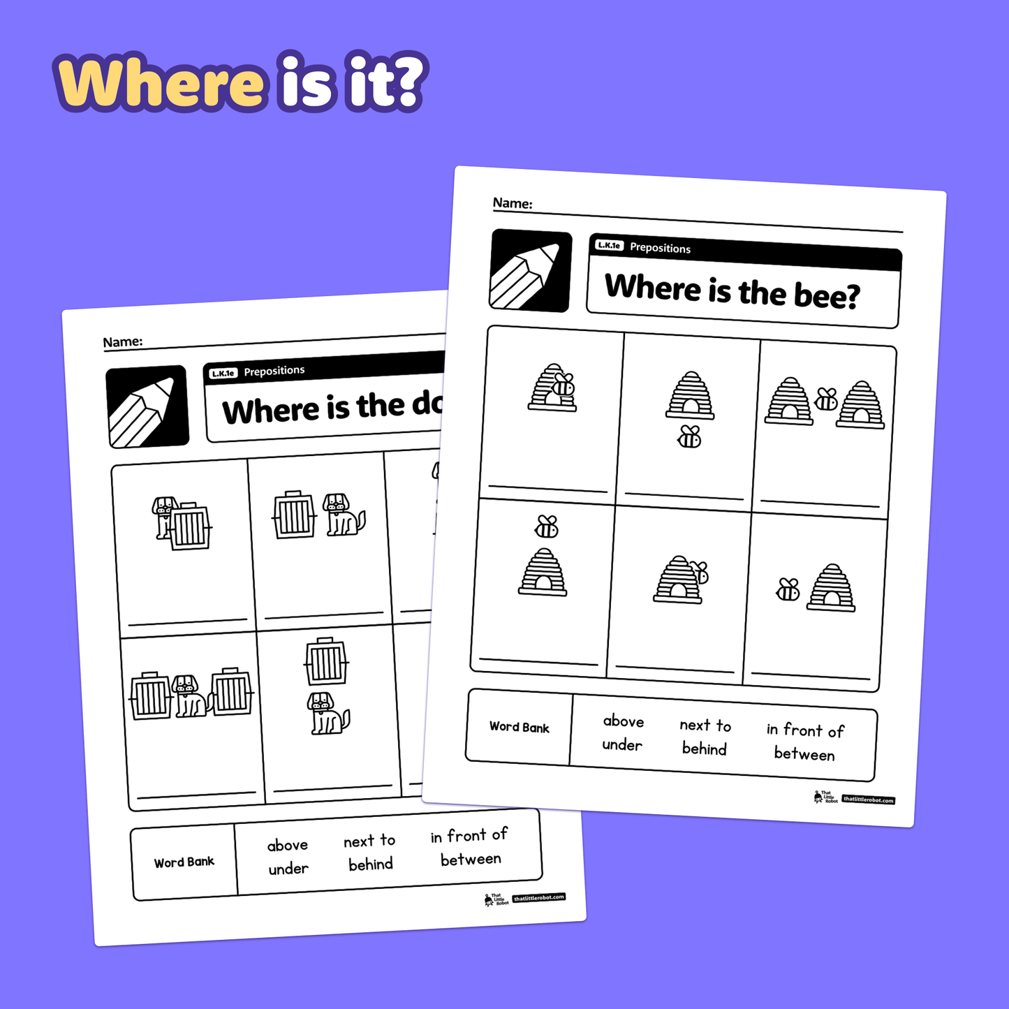 Printable PDF with kindergarten worksheets showing bees and a doghouse.