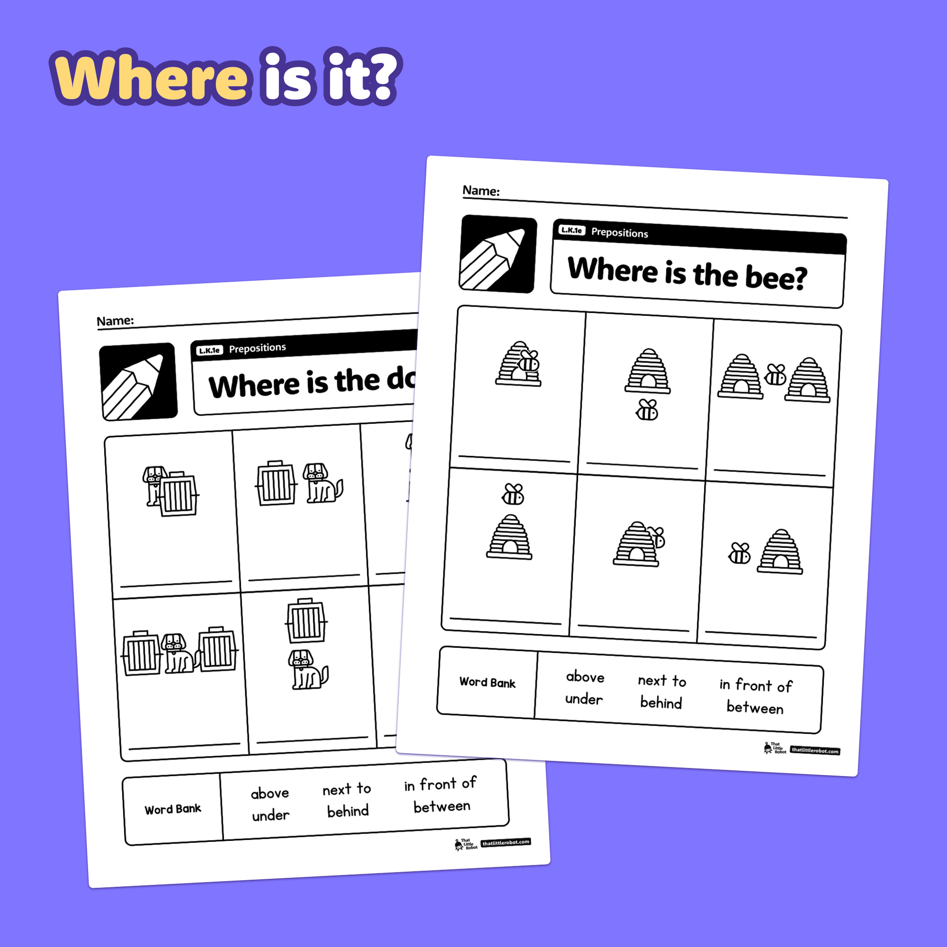 Printable PDF with kindergarten worksheets showing bees and a doghouse.