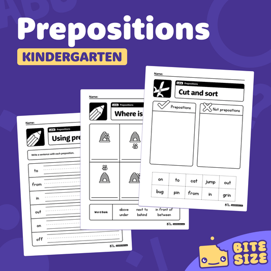 Printable kindergarten worksheets focused on prepositions and L.K.1e standard.