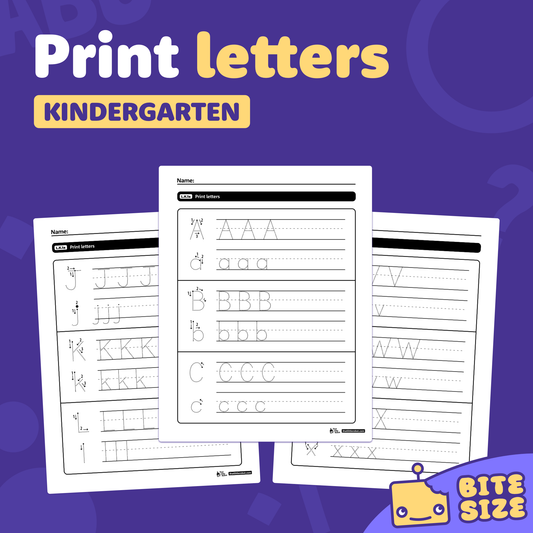 A set of kindergarten print letter worksheets labeled L.K.1a and Bite Size.