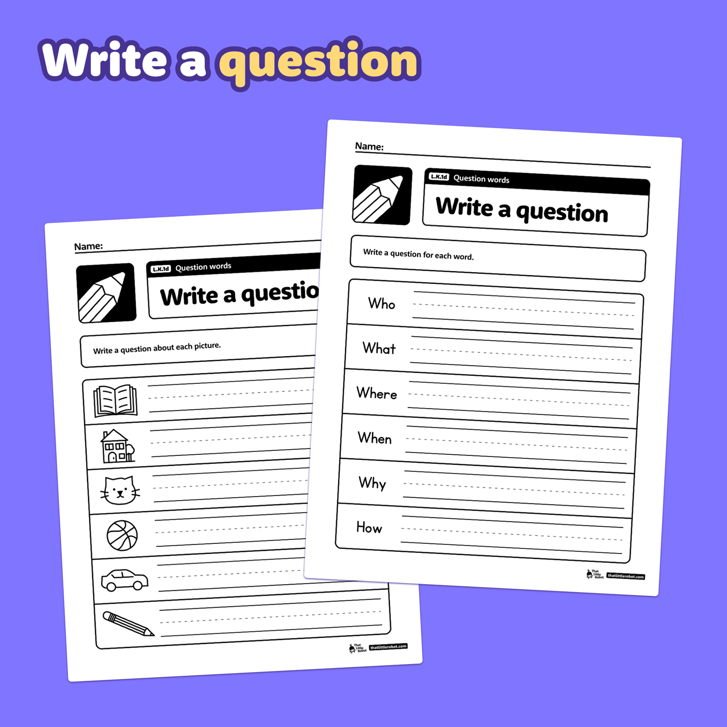 Printable kindergarten question words worksheets in PDF format.