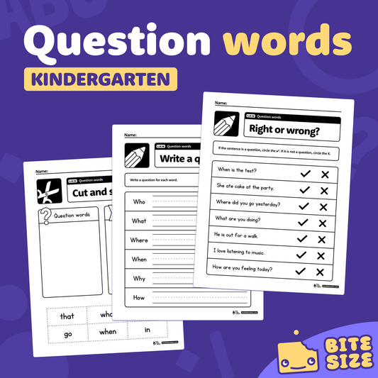 Printable kindergarten worksheets focused on question words and L.K.1d standard.