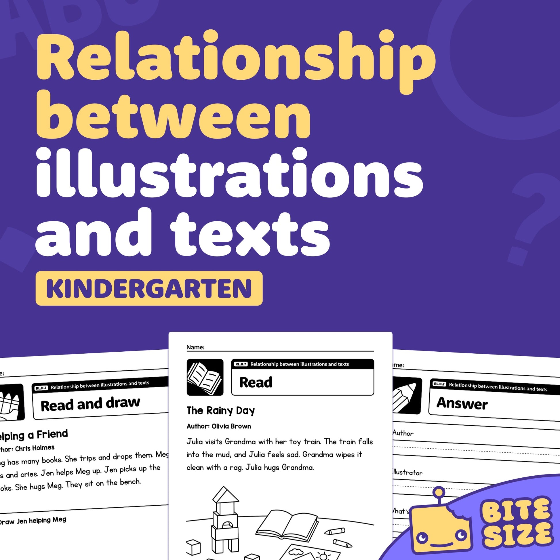 Kindergarten worksheet with text and illustrations, RL.K.7 standard.
