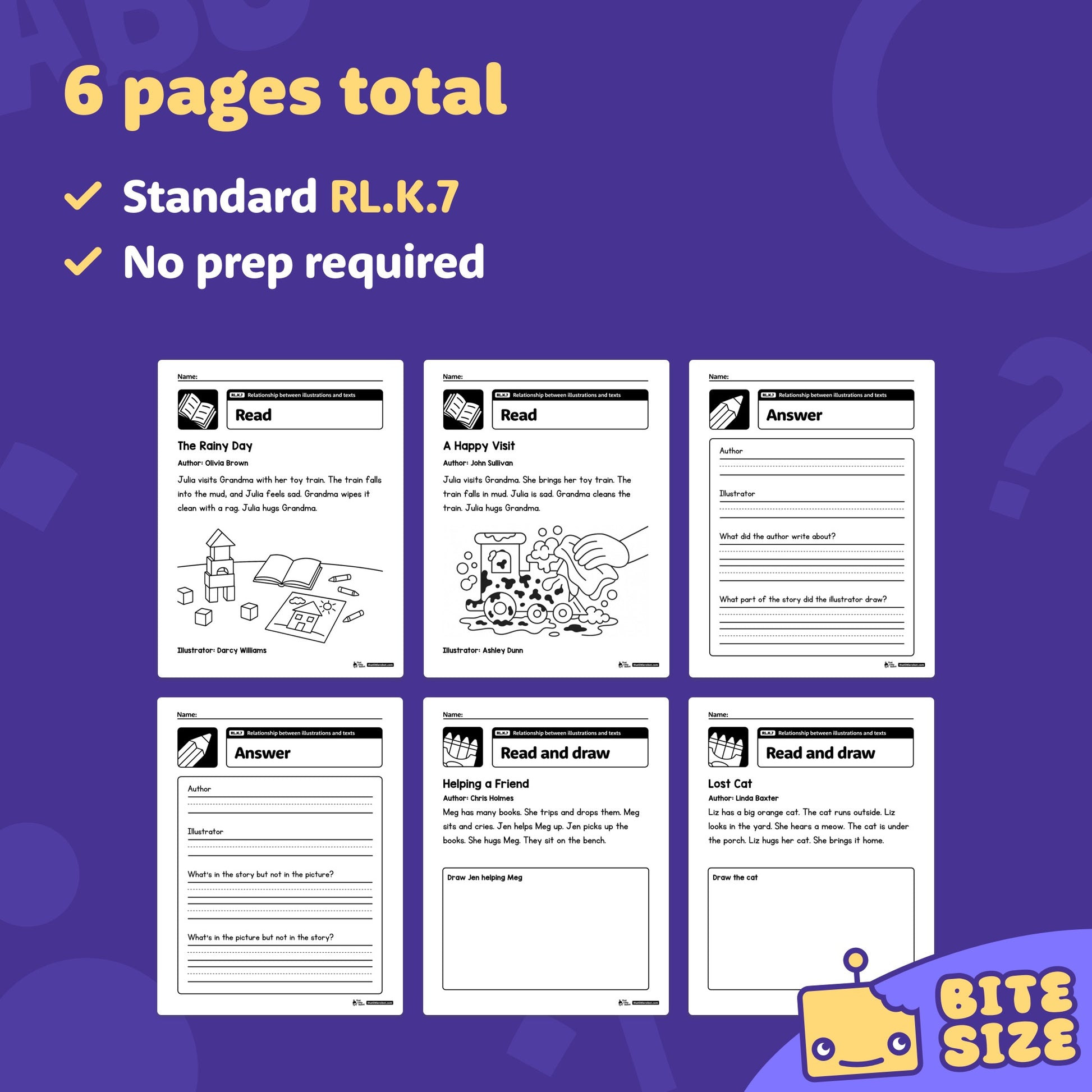Preview of six Kindergarten RL.K.7 worksheet pages in PDF format.