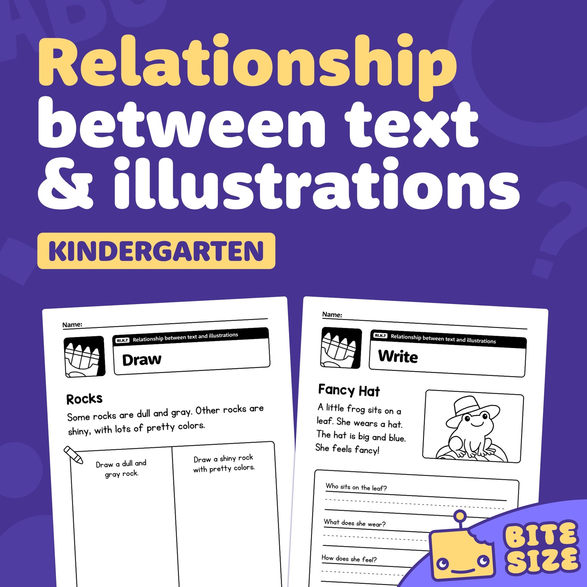 Kindergarten worksheets showing text and illustration relationships with draw and write.