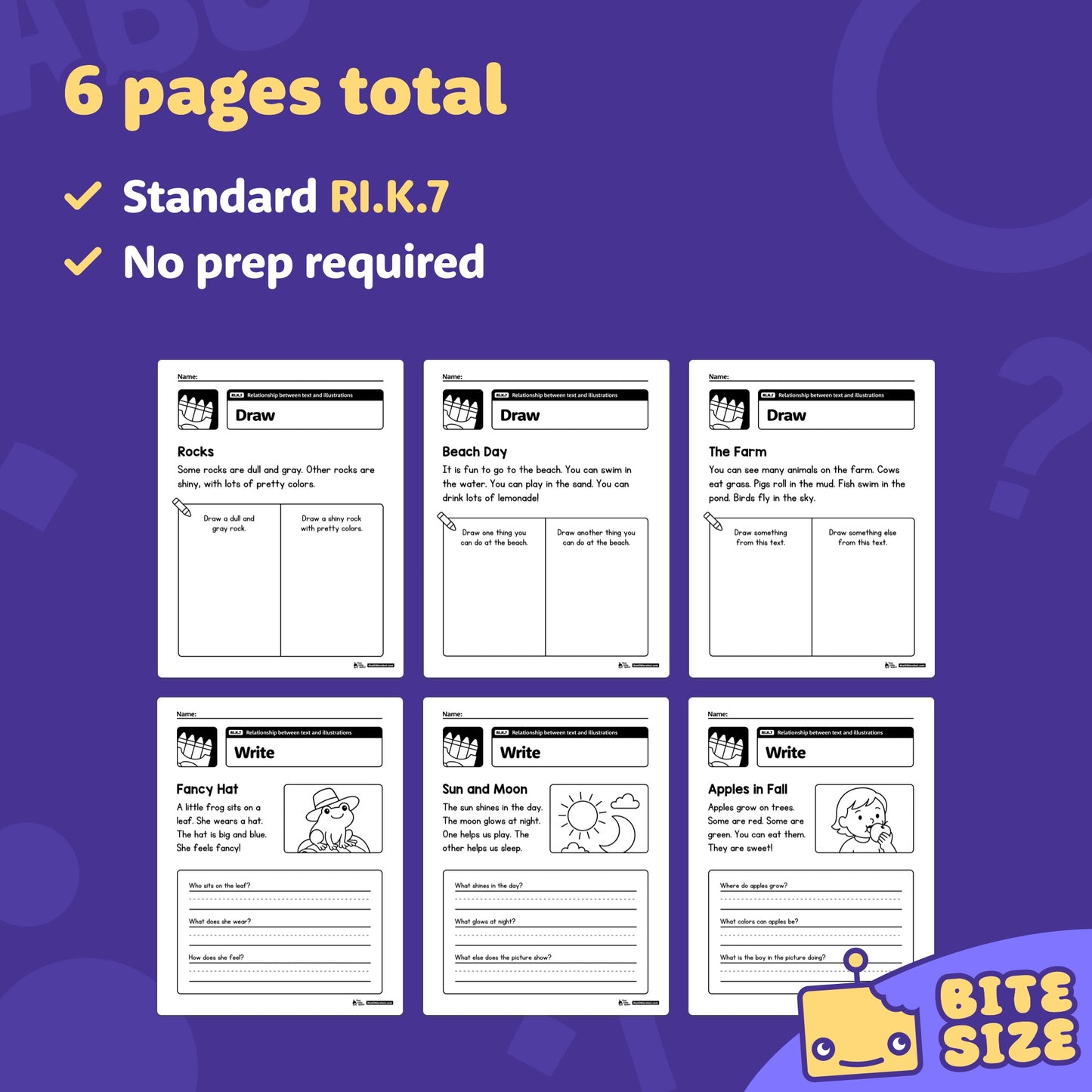 Six worksheets showing rocks, beach, farm, and nature with text and illustrations.