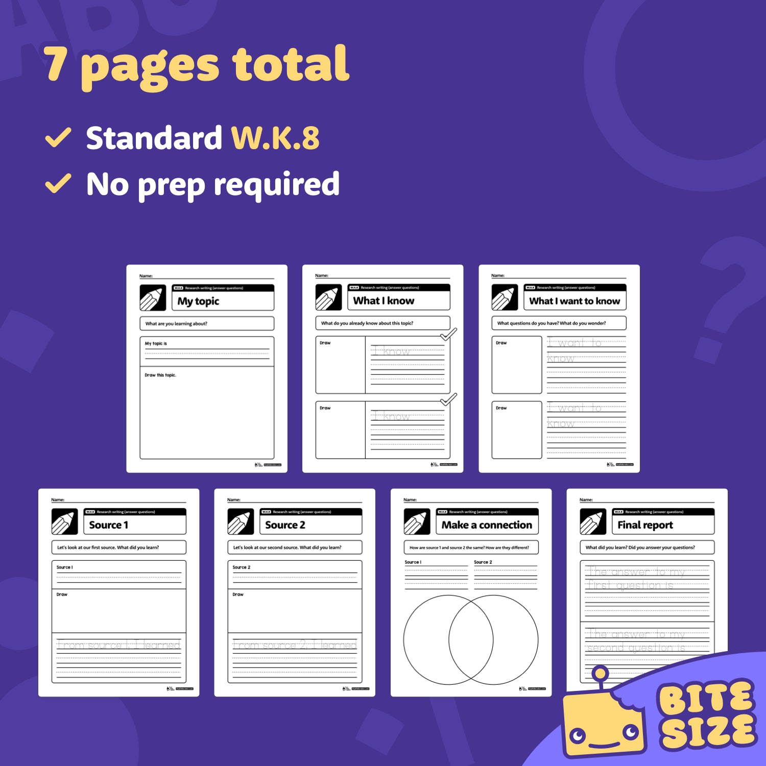 Seven kindergarten research writing worksheets displayed in a single preview layout.