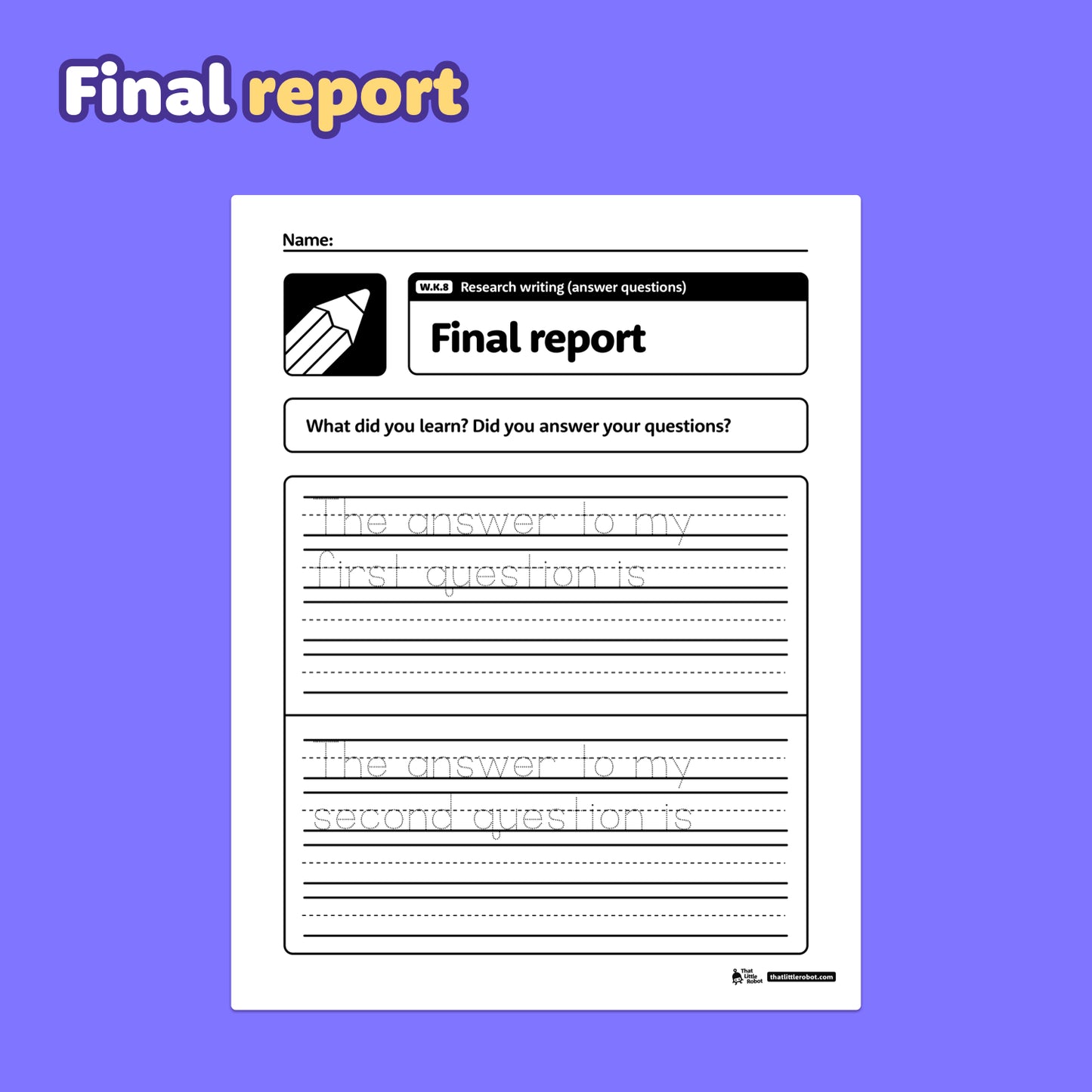 Worksheet with lines for writing and two boxes labeled Question 1 and Question 2.