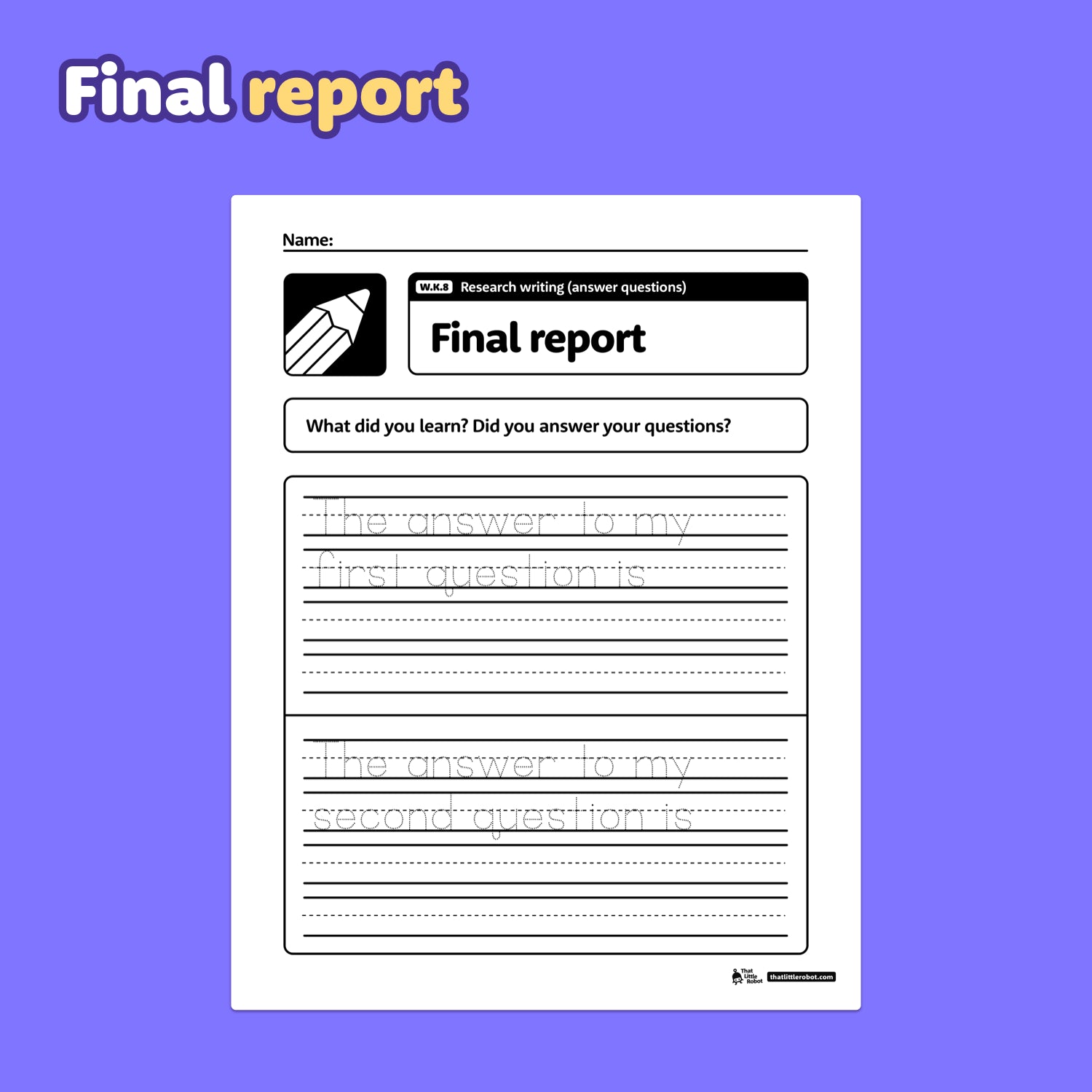 Worksheet with lines for writing and two boxes labeled Question 1 and Question 2.
