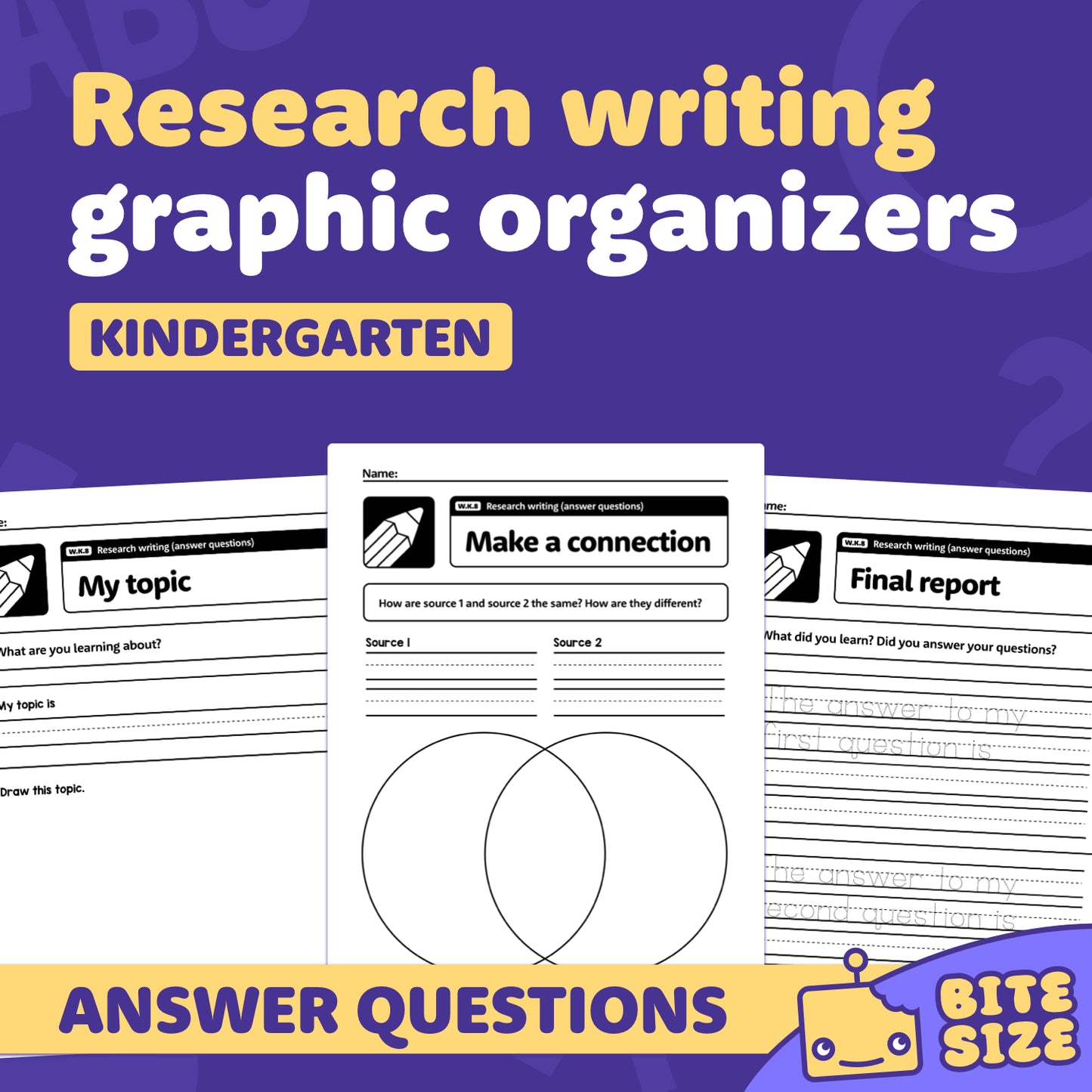 Three kindergarten research writing worksheet organizers are shown.