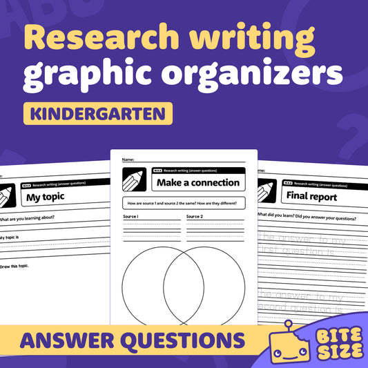 Three kindergarten research writing worksheet organizers are shown.
